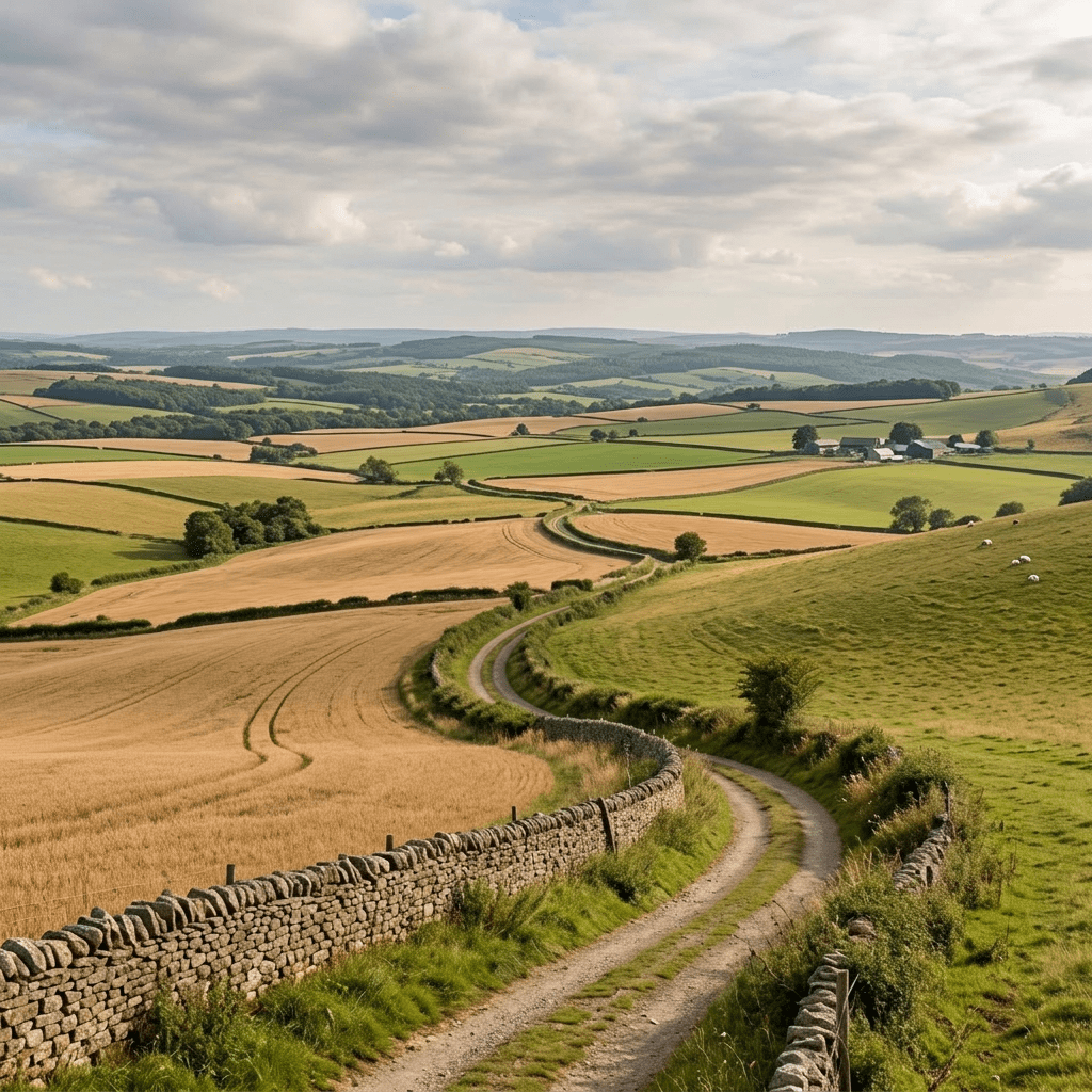 Winding dirt road bordered by stone walls passing through green and golden farmland