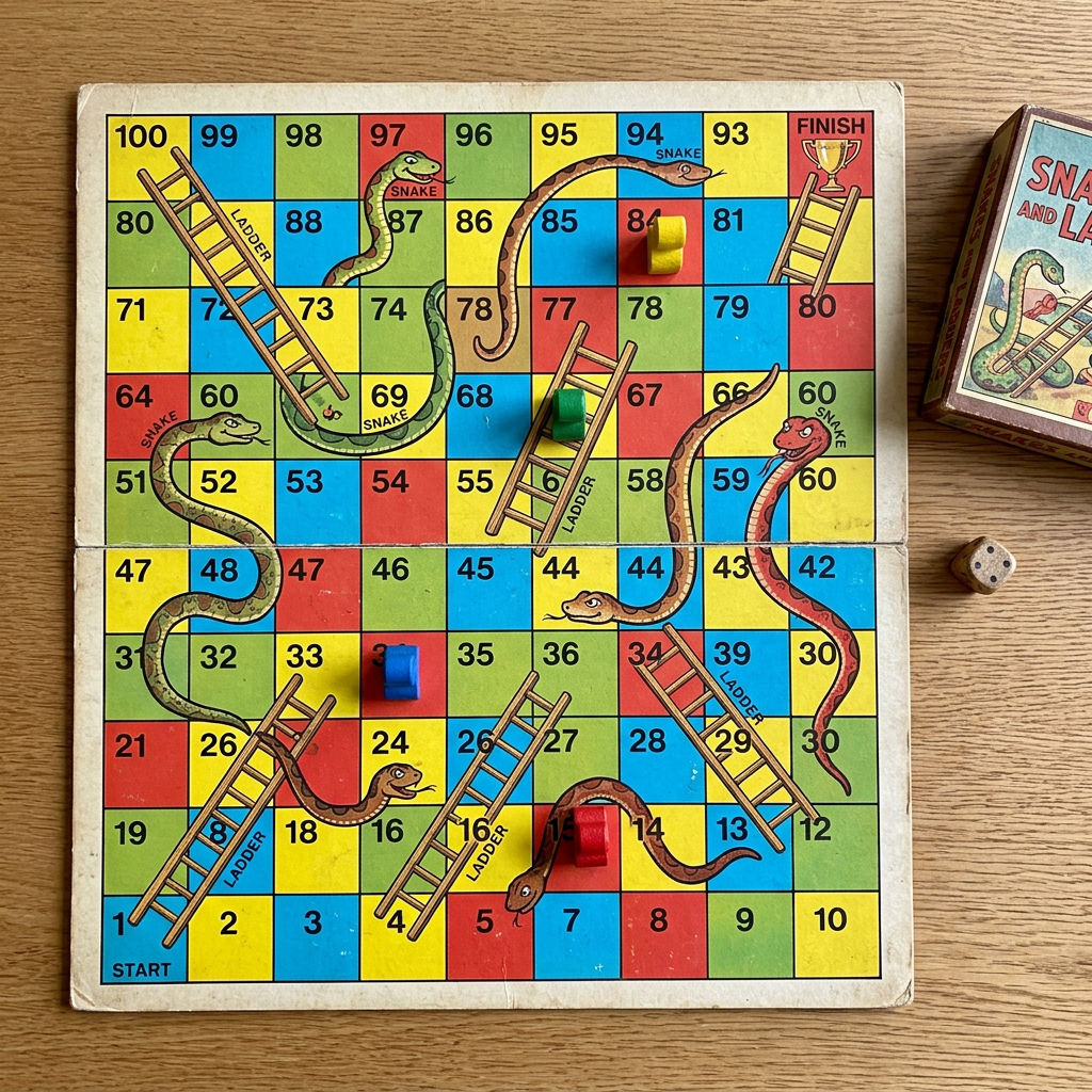 Snakes and Ladders board with ladders, snakes, four colored game pieces, and a dice.