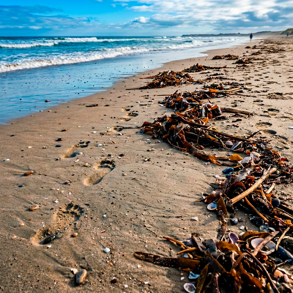 Footprint in sand next to seaweed and shells on a beach