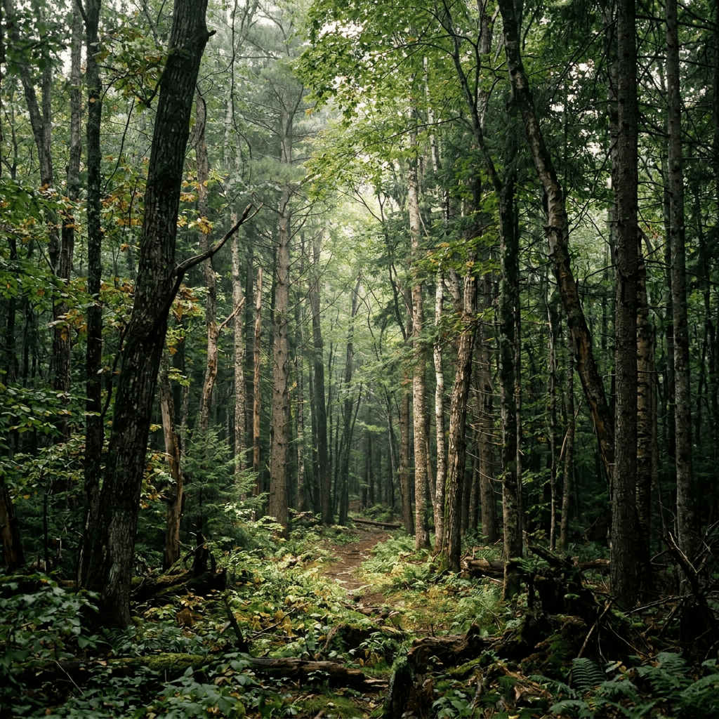 Mystical foggy forest trail Path through dense forest with tall trees and green undergrowth